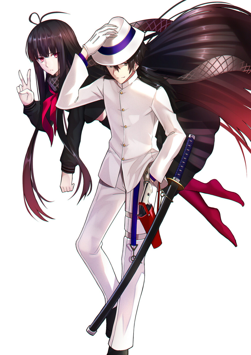 1boy 1girl absurdly_long_hair ahoge arm_up bangs black_footwear black_hair black_scarf black_shirt black_skirt buttons closed_mouth expressionless eyebrows_visible_through_hair fate_(series) flying gloves gradient_hair grey_eyes gun hair_between_eyes hand_in_pocket hand_on_headwear hat highres holster jacket katana koha-ace long_hair long_sleeves looking_at_viewer looking_to_the_side low_ponytail multicolored_hair neckerchief no_shoes one_leg_raised oryuu_(fate) pale_skin pants pink_eyes pleated_skirt ponytail red_jacket red_legwear red_neckwear redhead sakamoto_ryouma_(fate) scabbard scarf sheath sheathed shiguru shiny shiny_hair shirt sidelocks simple_background skirt slit_pupils smile standing straight_hair sword thigh_holster tsurime v very_long_hair weapon white_background white_gloves white_hat white_pants