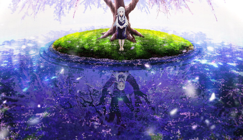 1girl artist_request barefoot blush cherry_blossoms closed_mouth highres long_hair long_sleeves looking_at_viewer re:lief_~shin'ai_naru_anata_e~ smile solo standing tree violet_eyes white_hair yuu_(re:lief)