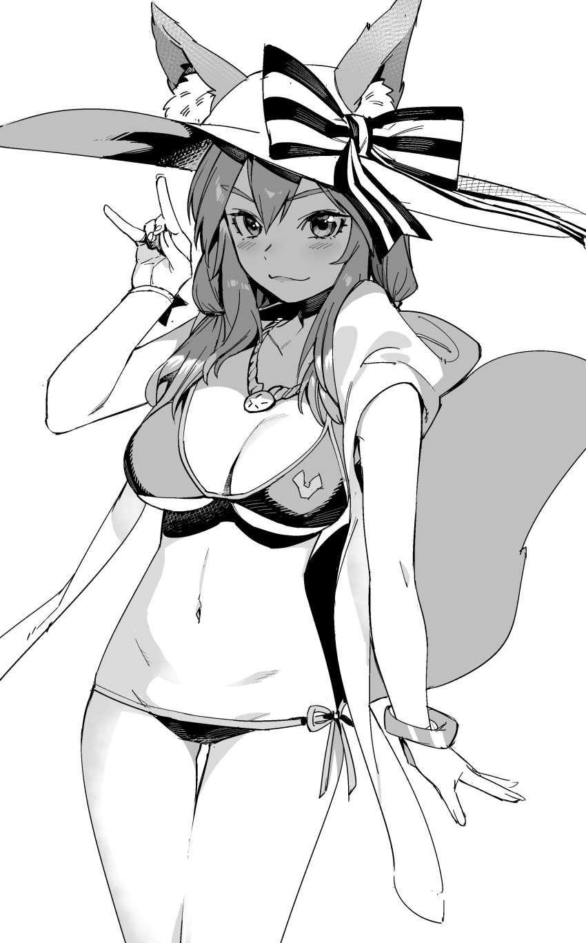 1girl absurdres animal_ears bangs bikini bird blue_bikini blush bracelet breasts collarbone eyebrows_visible_through_hair fate/grand_order fate_(series) fox_ears fox_tail hair_between_eyes highres jewelry large_breasts looking_at_viewer menea monochrome necklace side-tie_bikini smile solo standing swimsuit tail tamamo_(fate)_(all) tamamo_no_mae_(swimsuit_lancer)_(fate) thighs v-shaped_eyebrows w water