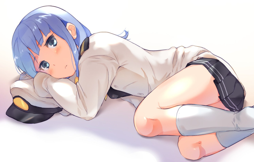 1girl blue_eyes blue_hair blush fetal_position hat hat_removed hatsukaze_(kantai_collection) headwear_removed kantai_collection long_hair looking_at_viewer lying on_side peaked_cap pleated_skirt senbei_(senbe_i) simple_background skirt solo white_background white_legwear