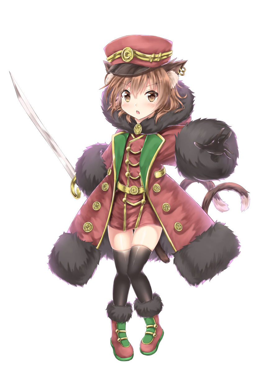 1girl :o absurdres akiteru98 alternate_costume animal_ears bangs belt black_gloves black_legwear blush boots brown_eyes brown_hair cat_ears cat_tail chen coat earrings eyebrows_visible_through_hair fang full_body fur-trimmed_boots fur-trimmed_coat fur-trimmed_hood fur-trimmed_sleeves fur_trim gloves hair_between_eyes hat highres hood hood_down jewelry knees_together looking_at_viewer military military_hat military_uniform multiple_tails no_pants open_clothes open_coat pigeon-toed reaching_out saber_(weapon) short_hair simple_background solo standing sword tail thigh-highs touhou tunic uniform weapon white_background zettai_ryouiki