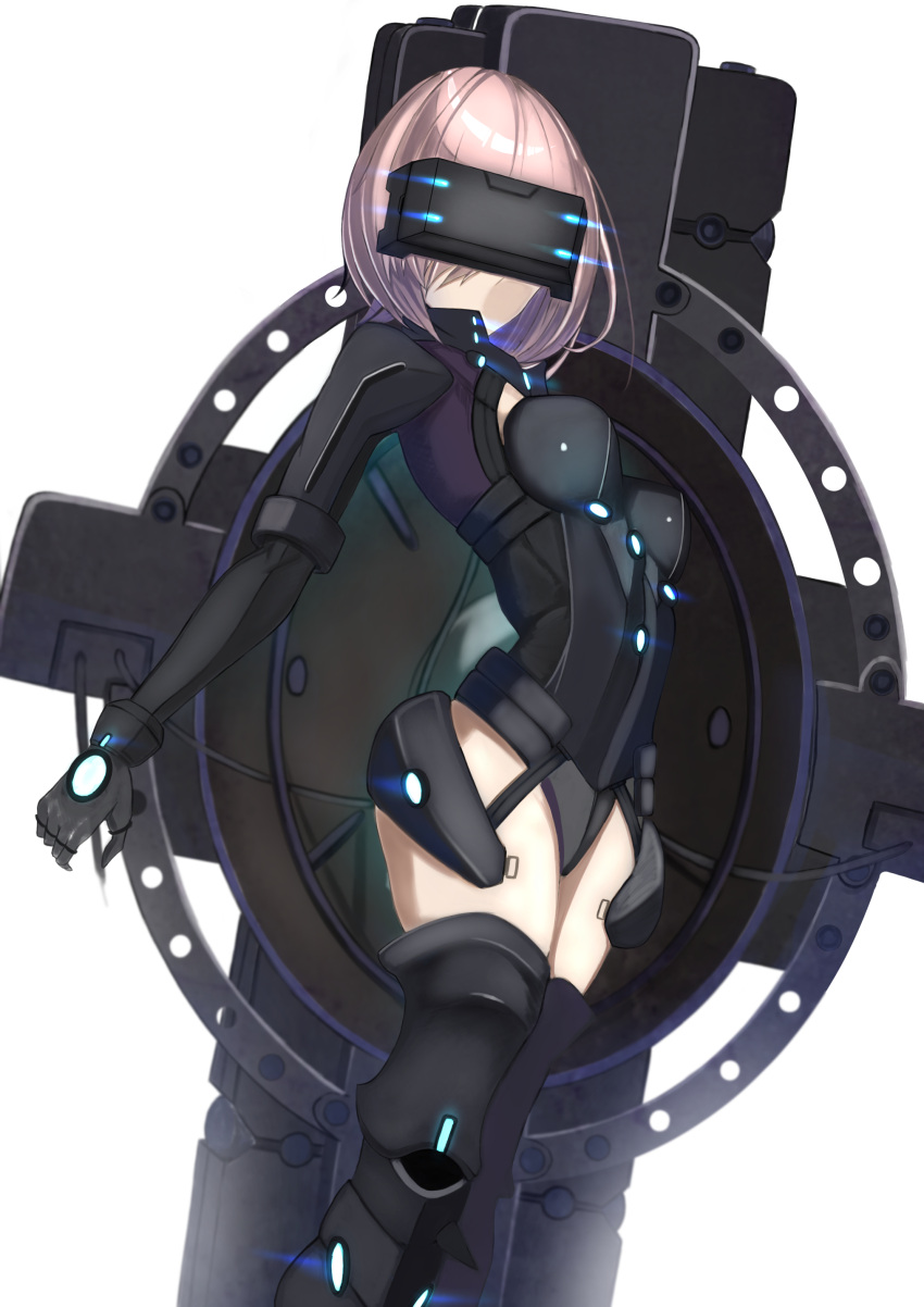 1girl absurdres black_footwear black_leotard boots breasts breasts_apart fate/grand_order fate_(series) highres leotard mash_kyrielight medium_breasts ortenaus pink_hair pixiv_fate/grand_order_contest_2 shield short_hair simple_background solo standing thigh-highs thigh_boots white_background yuuhi_(yuuvi83)