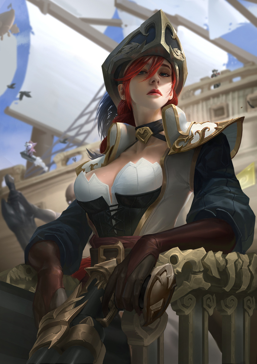 1girl bangs belt bird blurry blurry_background breasts character_request choker closed_mouth clouds collarbone commentary gloves hair_between_eyes hat highres league_of_legends lejia_chan long_hair long_sleeves looking_at_viewer pirate_costume pirate_hat redhead sails ship shoulder_pads sky solo watercraft