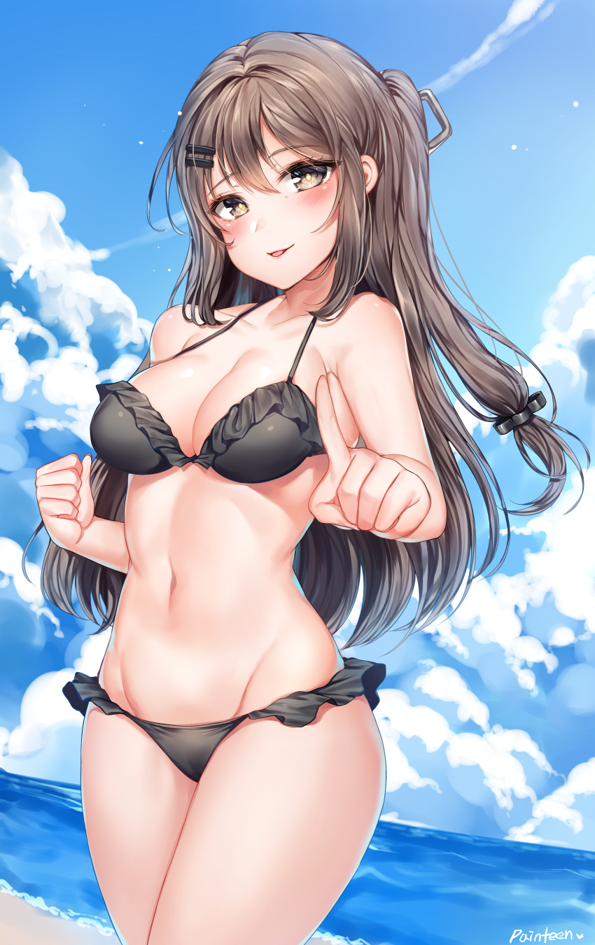 1girl :p absurdres artist_name bangs bare_arms bare_shoulders beach bikini black_bikini blue_sky blush breasts brown_eyes brown_hair cleavage clenched_hand clouds collarbone day eyebrows_visible_through_hair frilled_bikini frills girls_frontline groin hair_between_eyes hair_ornament hairclip hand_up highres index_finger_raised k-2_(girls_frontline) long_hair looking_at_viewer medium_breasts navel ocean outdoors painteen pointing pointing_at_viewer sand sidelocks signature sky smile solo swimsuit tareme tongue tongue_out
