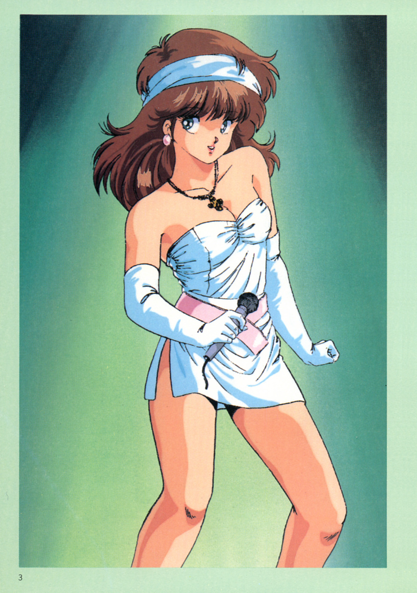1girl 80s absurdres blue_eyes border breasts brown_hair cleavage cream_lemon cross cross_necklace dress earrings elbow_gloves gloves green_background hairband highres holding holding_microphone jewelry long_hair medium_breasts microphone necklace official_art oldschool page_number parted_lips side_slit smile solo strapless strapless_dress white_dress white_gloves