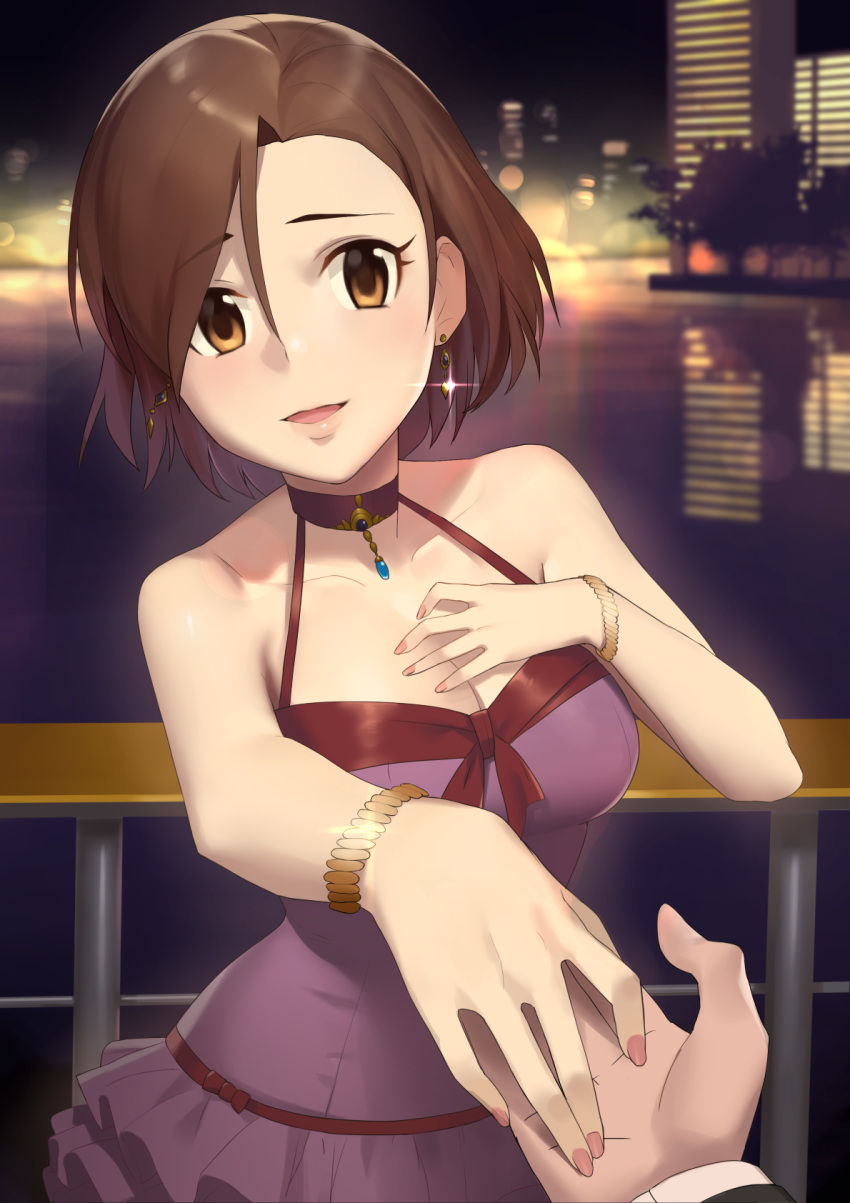 1girl bracelet breasts brown_eyes brown_hair city cleavage collarbone dress earrings eyebrows_visible_through_hair hair_between_eyes halter_dress hand_holding hand_on_own_chest highres idolmaster idolmaster_cinderella_girls jewelry looking_at_viewer medium_breasts mizuki_seira nail_polish night offering_hand onao open_mouth parted_lips pink_nails pov purple_dress railing short_hair smile solo solo_focus water