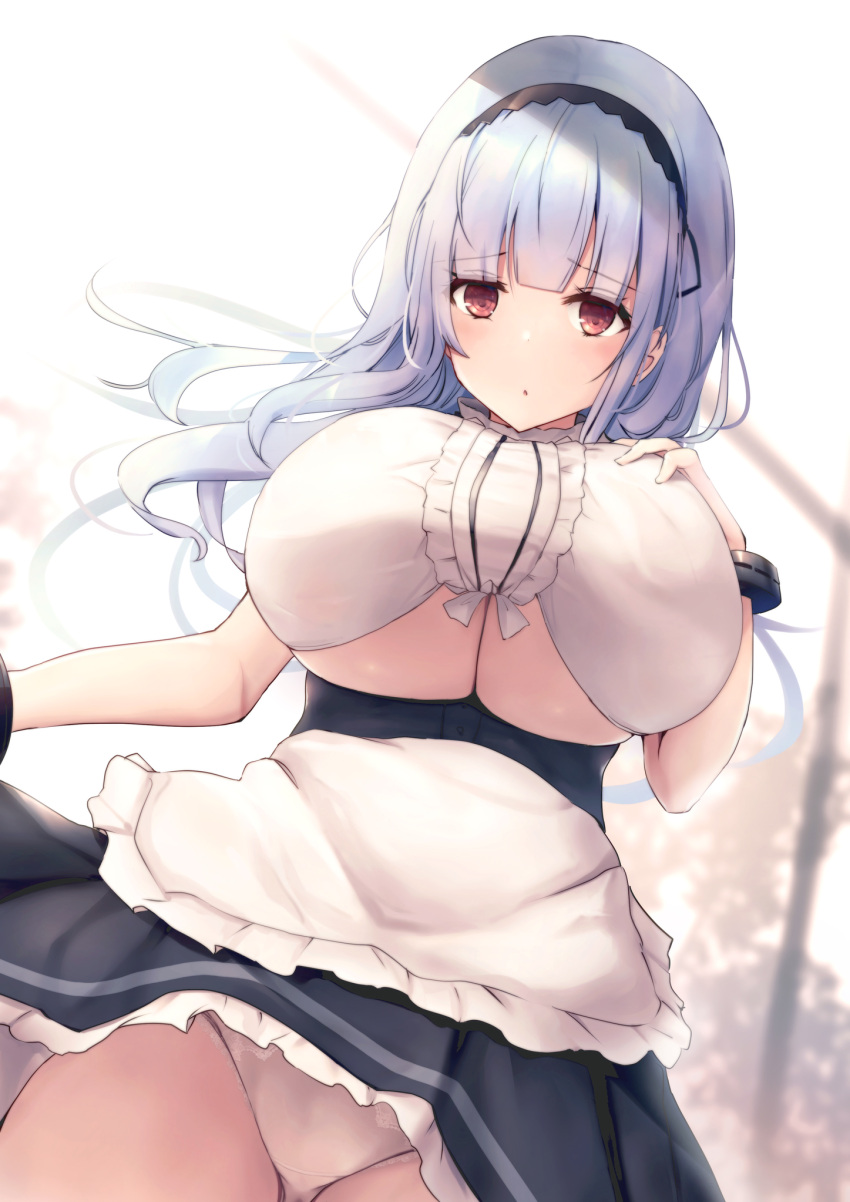 1girl apron azur_lane bangs black_skirt blunt_bangs breasts center_frills choker clothes_lift clothing_cutout collar commentary_request dido_(azur_lane) expressionless eyebrows_visible_through_hair frilled_apron frilled_choker frilled_hairband frilled_sleeves frills hairband highres large_breasts liya lolita_hairband long_hair looking_at_viewer maid miniskirt panties parted_lips shirt silver_hair skirt skirt_lift sleeveless sleeveless_shirt solo thigh-highs under_boob underboob_cutout underbust underwear violet_eyes waist_apron white_apron white_legwear white_panties white_shirt