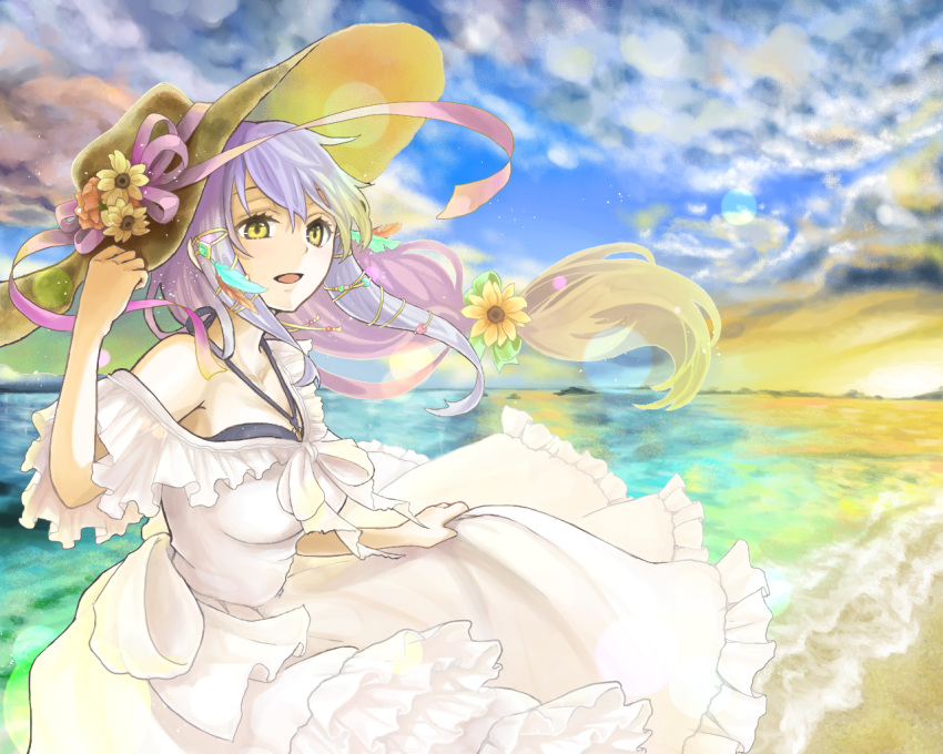 1girl bangs breasts clair_lasbard commentary_request dress fuyuto_(ihara_128) hat long_hair ocean sidelocks silver_hair solo star_ocean star_ocean_till_the_end_of_time white_dress