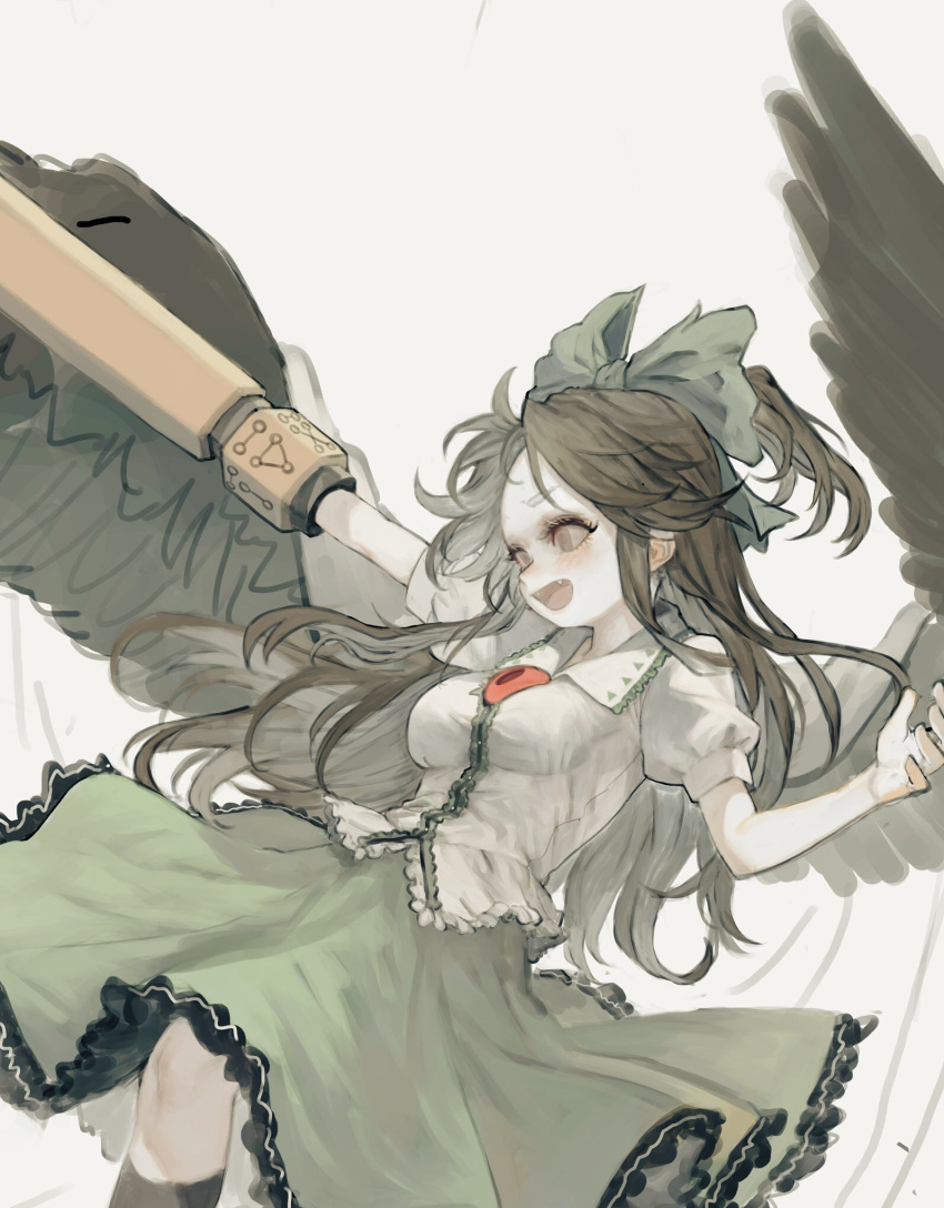 arm_cannon bird_wings black_wings bow brown_hair commentary cowboy_shot fang frilled_shirt frilled_shirt_collar frilled_skirt frills green_bow green_skirt hair_bow heoningu highres kneehighs long_hair open_mouth puffy_short_sleeves puffy_sleeves reiuji_utsuho shirt short_sleeves skirt third_eye touhou weapon wings