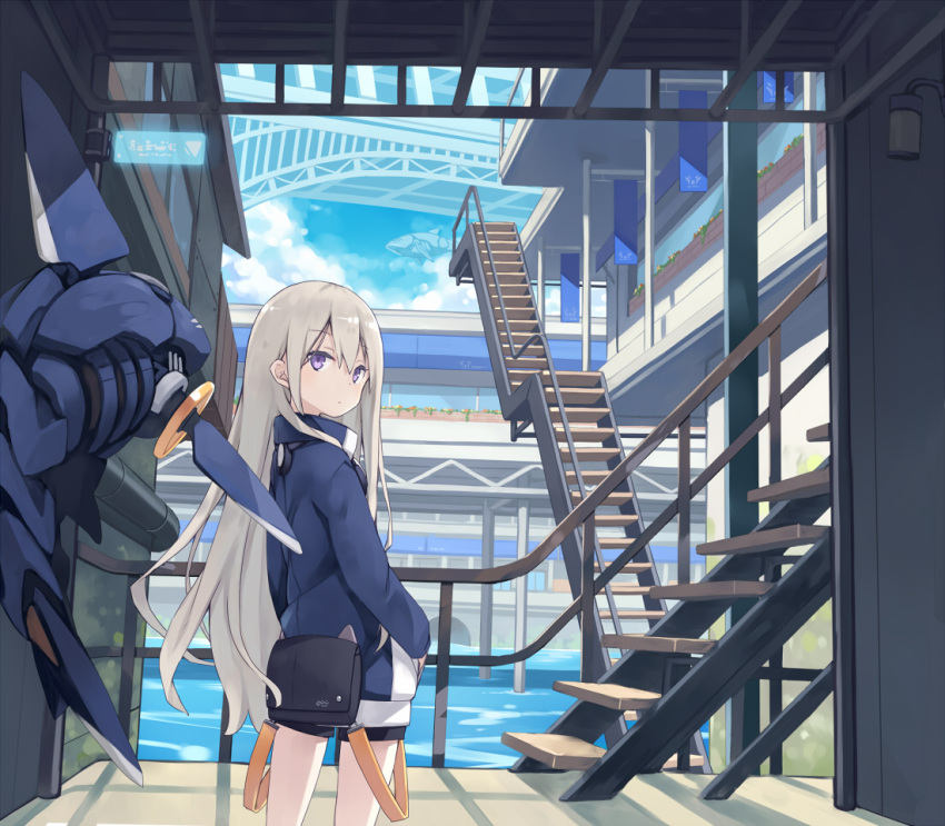 1girl bag bangs bridge day expressionless floating hair_between_eyes hands_in_pockets jacket long_hair looking_at_viewer looking_back mechanical original poco_(asahi_age) railing shark shorts sky solo stairs standing very_long_hair violet_eyes water white_hair