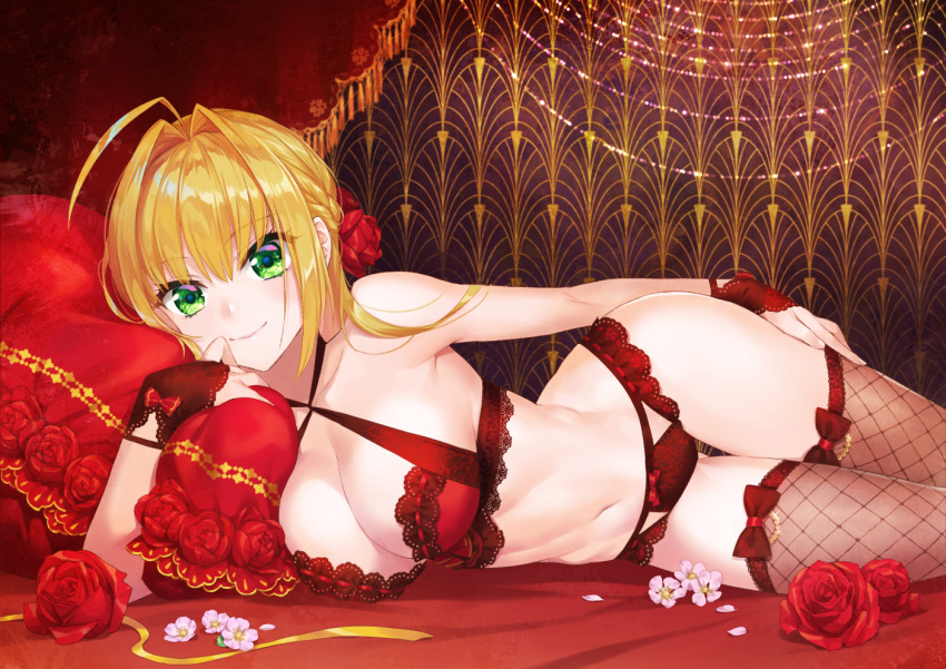 1girl ahoge arm_at_side bare_shoulders blonde_hair bow bow_panties bra braid breasts bridal_gauntlets cherry_blossoms cleavage collarbone criss-cross_halter demmy eyebrows_visible_through_hair fate/grand_order fate_(series) fishnet_legwear fishnets flower gluteal_fold green_eyes hair_flower hair_intakes hair_ornament halterneck lace lace-trimmed_bra lace-trimmed_panties large_breasts lingerie looking_at_viewer lying navel nero_claudius_(fate)_(all) on_bed on_side panties red_bra red_flower red_panties red_rose rose side_braid smile solo thigh-highs thigh_gap underwear underwear_only