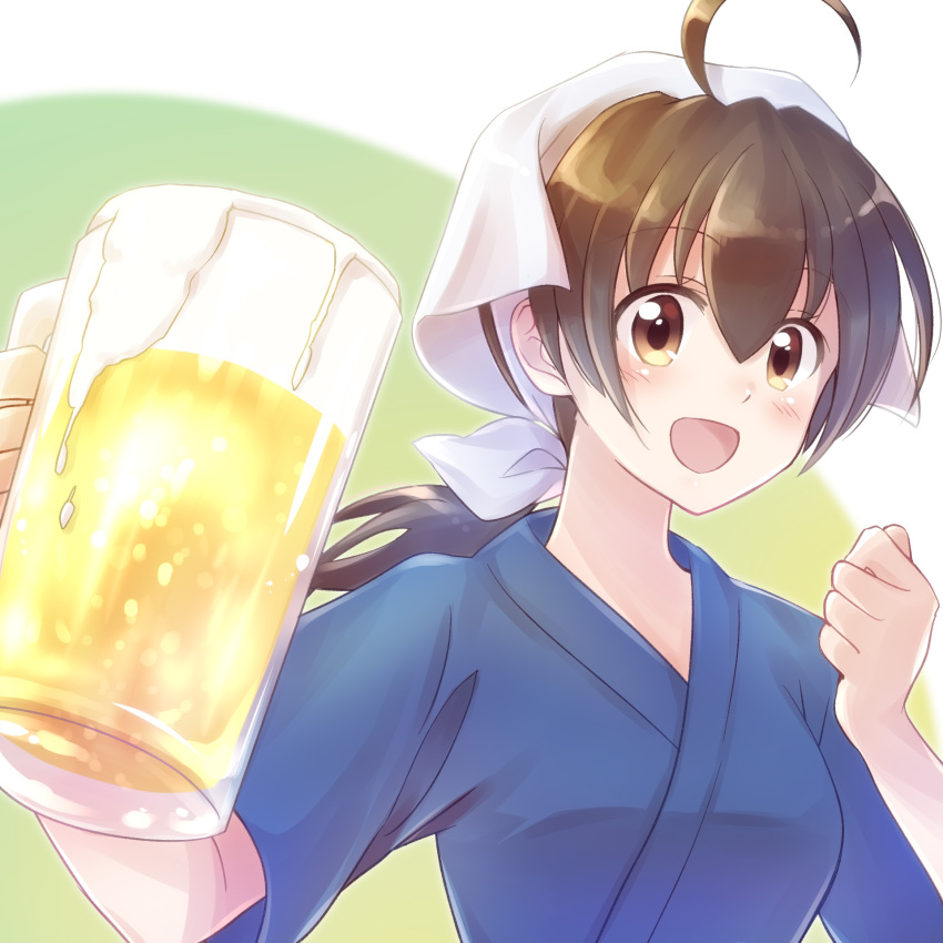 1girl ahoge beer_mug blush brown_eyes brown_hair character_request clenched_hand cup hand_up highres holding holding_cup isekai_izakaya_"nobu" looking_at_viewer medium_hair nyaa_(nnekoron) ponytail simple_background solo upper_body waitress