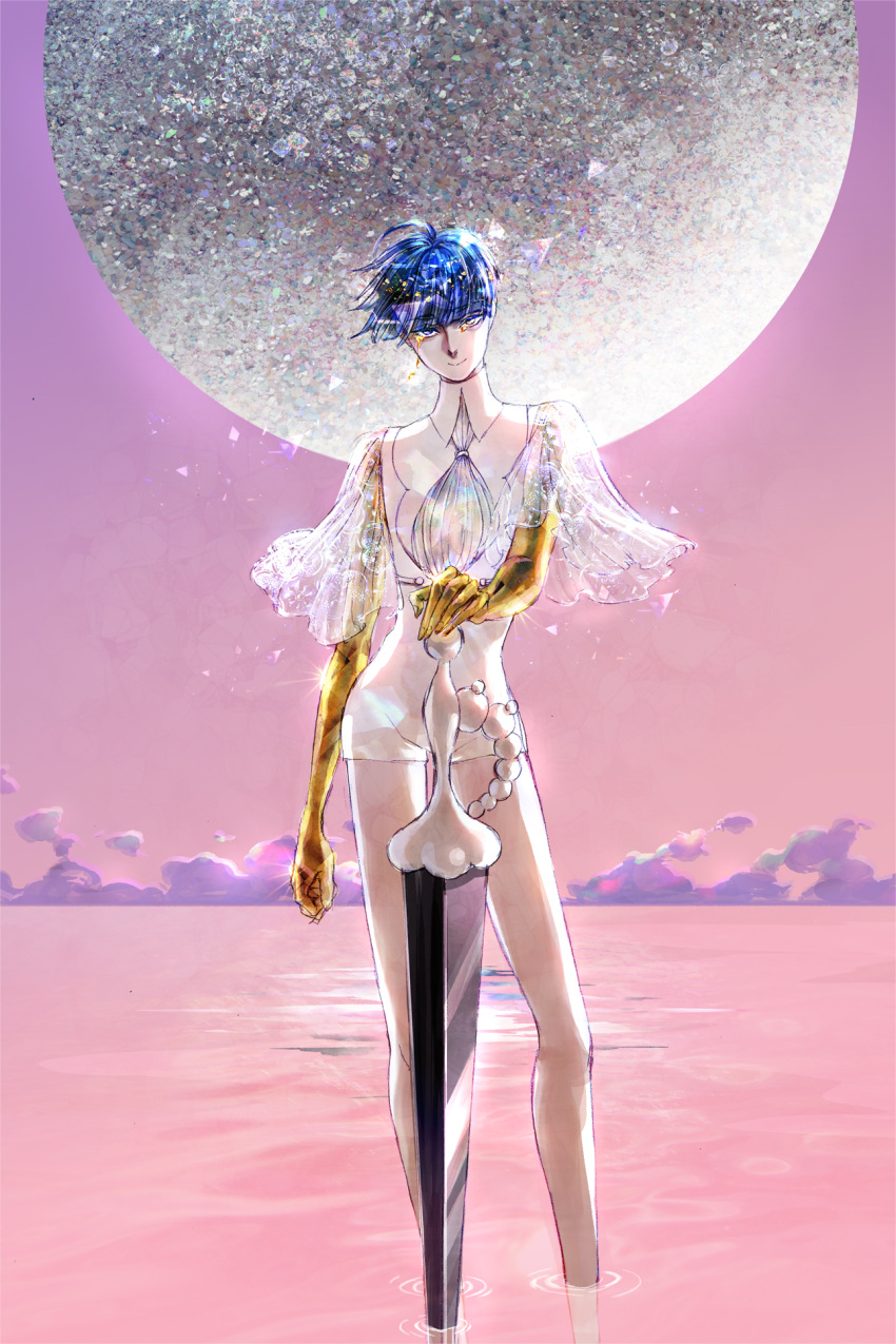 1other ahoge androgynous bangs blue_eyes blue_hair blunt_bangs clouds colored_eyelashes crying crying_with_eyes_open eyebrows_visible_through_hair full_moon golden_arms graphite_(medium) heterochromia highres houseki_no_kuni mechanical_pencil micho moon necktie partially_submerged pencil phosphophyllite phosphophyllite_(ll) pink_sky see-through short_hair smile solo sparkle spoilers sword tears traditional_media water weapon white_eyes