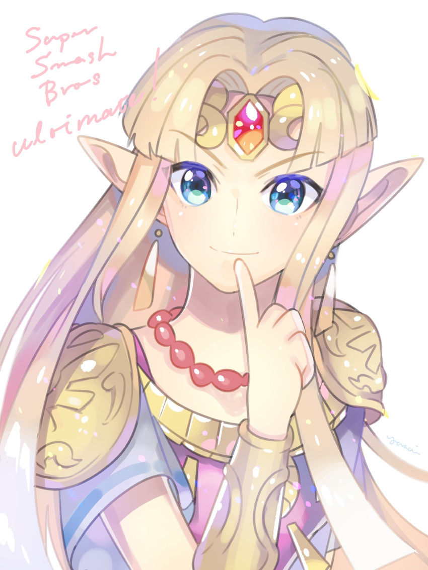 blonde_hair blue_eyes dress earrings highres jewelry looking_at_viewer one_eye_closed pink_shirt pointy_ears princess_zelda shirt simple_background smile smirk super_smash_bros. the_legend_of_zelda the_legend_of_zelda:_a_link_between_worlds tiara yasaikakiage