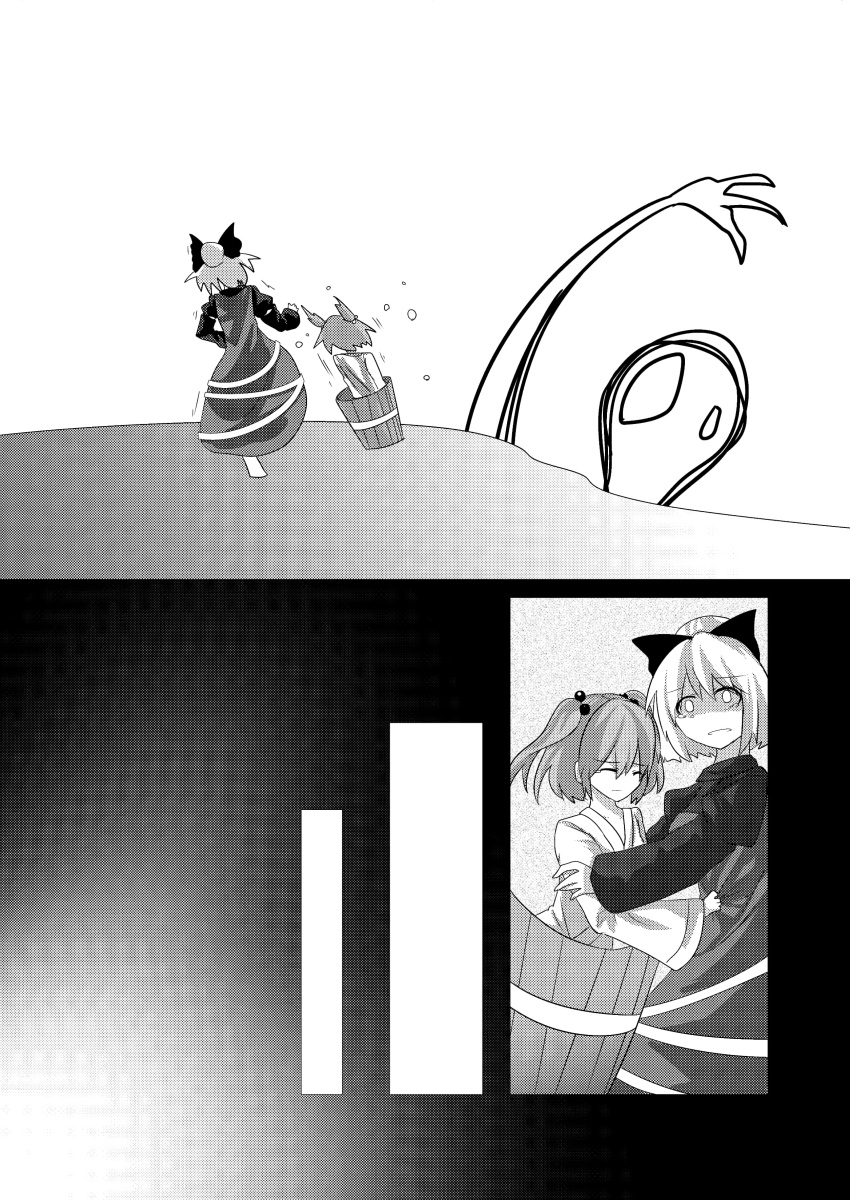 2girls absurdres bow bucket comic dress giant greyscale hair_bobbles hair_bow hair_bun hair_ornament highres japanese_clothes kisume kurodani_yamame long_sleeves monochrome monster multiple_girls sea_scorpion_(umisasori) short_hair short_twintails touhou translation_request twintails two_side_up