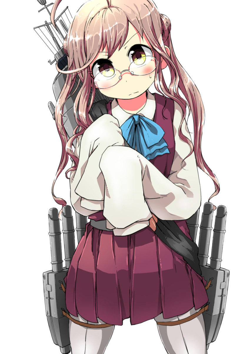 1girl ahoge blue_bow blue_neckwear blush bow bowtie closed_mouth collared_shirt cowboy_shot double_bun glasses grey_legwear head_tilt highres kantai_collection legs_apart light_brown_hair long_hair long_sleeves makigumo_(kantai_collection) moyamu pantyhose pleated_skirt purple_skirt purple_vest rigging rimless_eyewear shirt simple_background skirt sleeves_past_fingers solo standing thigh_strap v-shaped_eyebrows vest white_background white_shirt yellow_eyes