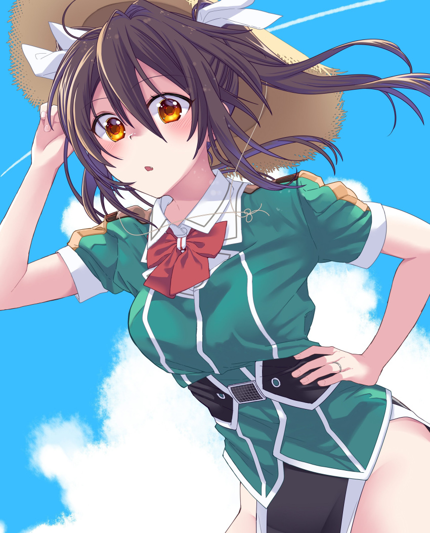 1girl absurdres blue_sky blush bow bowtie brown_eyes brown_hair clouds commentary_request condensation_trail day fang hair_ribbon hand_on_hip hat highres jewelry kantai_collection looking_at_viewer parted_lips remodel_(kantai_collection) ribbon ring sky solo straw_hat tone_(kantai_collection) twintails upper_body wedding_band yami_(m31)
