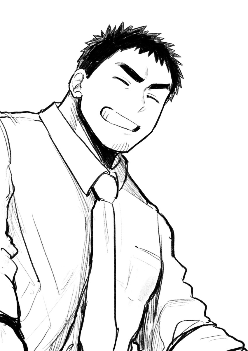 1boy black_hair closed_eyes collared_shirt commentary eyebrows facial_hair greyscale grin highres monochrome necktie original salaryman shiromanta shirt short_hair smile stubble takeda_harumi_(shiromanta)