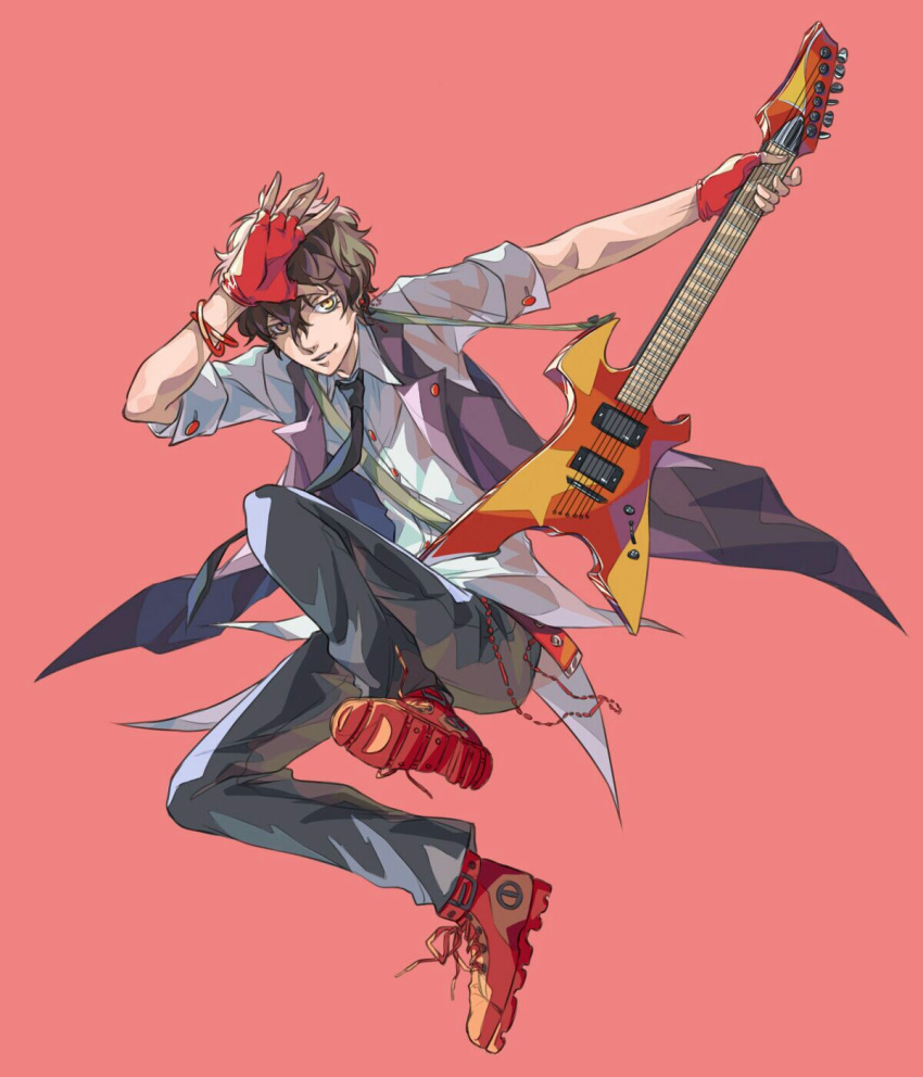 1boy alternate_costume amamiya_ren black_hair bracelet gloves guitar highres instrument jacket jewelry looking_at_viewer male_focus necktie persona persona_5 short_hair smile solo yellow_eyes