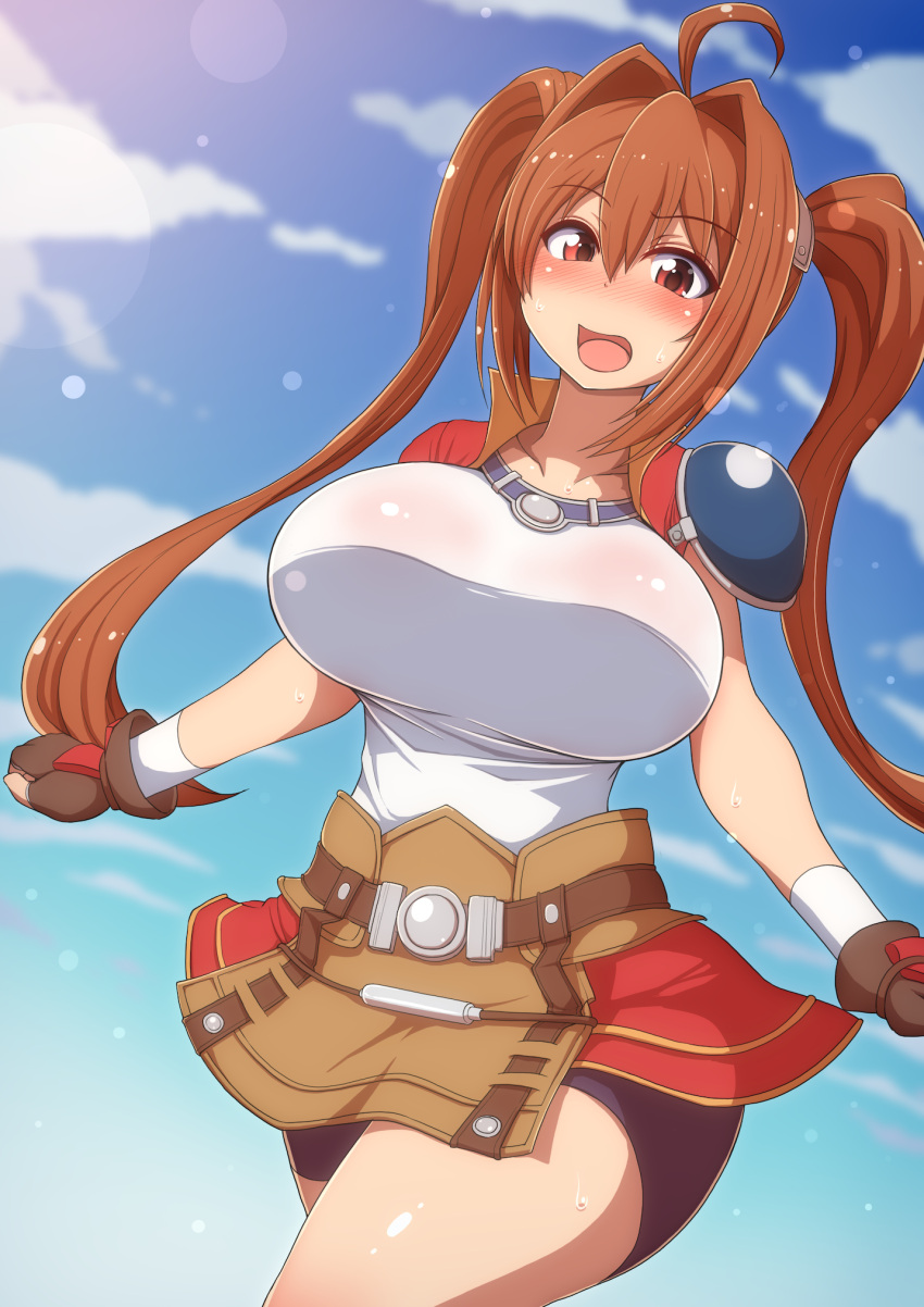 1girl ahoge alternate_breast_size bike_shorts blush breasts brown_hair clouds cloudy_sky cowboy_shot dutch_angle eiyuu_densetsu embarrassed estelle_bright gloves hair_between_eyes highres jacket large_breasts lens_flare long_hair looking_at_viewer miniskirt open_mouth ponpo red_eyes shirt shorts shorts_under_skirt shoulder_armor skirt sky solo sora_no_kiseki sweat twintails