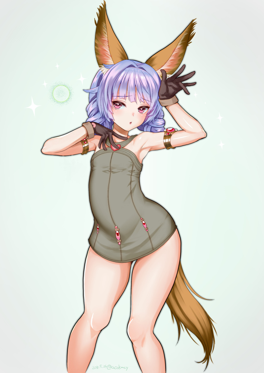 1girl animal_ears armlet armpits arms_up braid brown_gloves commentary_request dog_ears dog_tail dress elin_(tera) gloves grey_dress hair_intakes highres kumehara_chiyota legs long_hair open_mouth purple_hair short_dress solo tail tera_online thighs twin_braids twintails violet_eyes