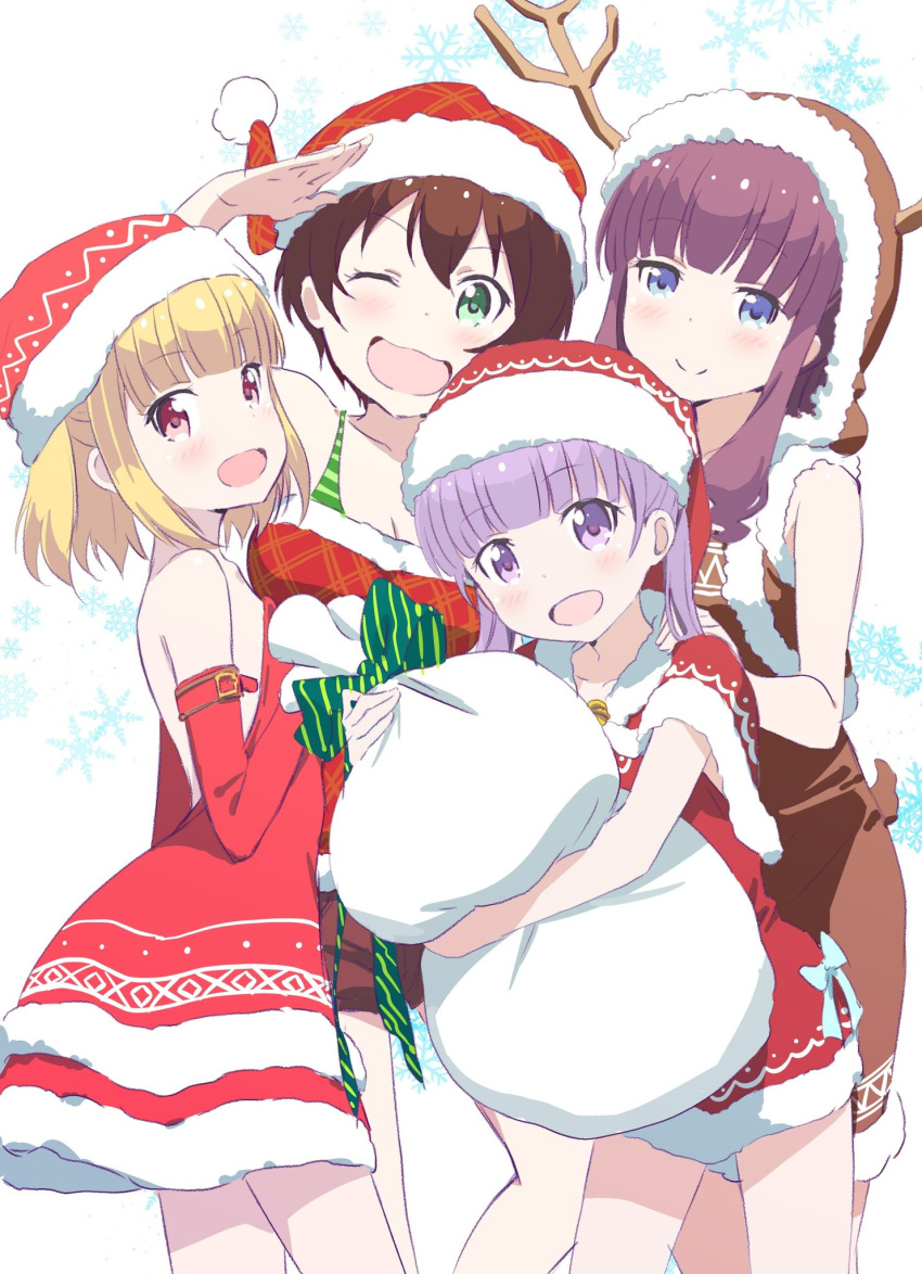 4girls :d animal_costume antlers bare_shoulders blonde_hair blue_eyes bra breasts brown_hair cleavage commentary_request dress elbow_gloves eyebrows_visible_through_hair fur_trim gloves green_bra green_eyes hat highres holding iijima_yun multiple_girls new_game! one_eye_closed open_mouth pink_x purple_hair red_dress red_eyes red_gloves red_hat reindeer_antlers reindeer_costume salute santa_costume santa_hat shinoda_hajime short_dress short_hair smile snowflakes suzukaze_aoba takimoto_hifumi twintails underwear violet_eyes