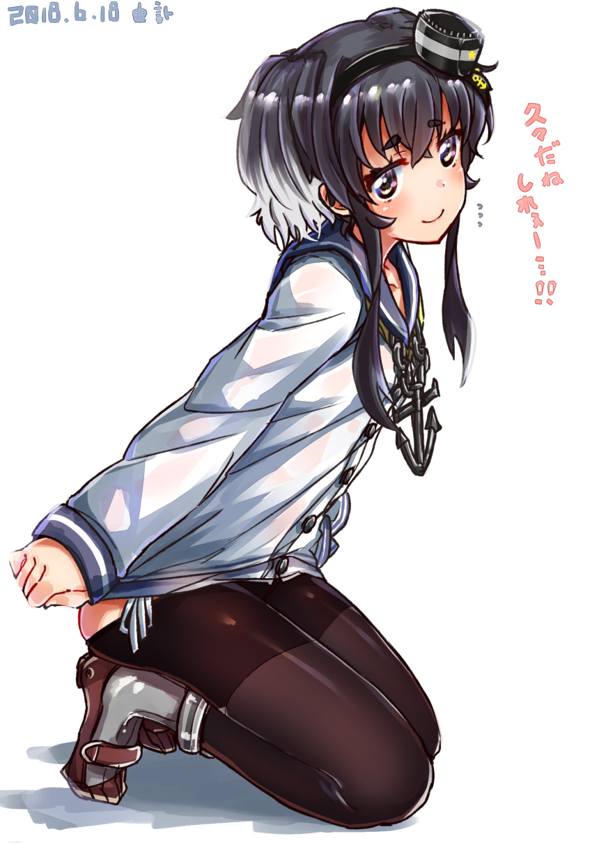 1girl anchor black_hair black_legwear blue_sailor_collar blush brown_eyes dated flat_chest graphite_(medium) grey_hair hairband hat headgear high_heels highres kantai_collection kneeling looking_at_viewer looking_to_the_side lowleg_pantyhose mechanical_pencil neckerchief panties pantyhose pencil red_footwear rudder_shoes sailor_collar seamed_legwear shirt short_hair short_hair_with_long_locks side-seamed_legwear side-tie_panties sidelocks solo text_focus thick_eyebrows tied_shirt tokitsukaze_(kantai_collection) traditional_media two_side_up underwear yufuissei0702