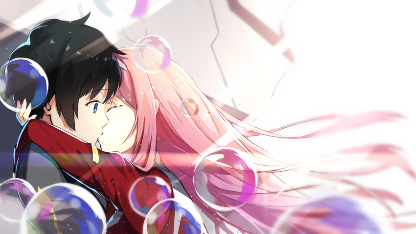 1boy 1girl augu_(523764197) bangs black_hair blue_eyes bubble closed_eyes commentary_request couple darling_in_the_franxx eyebrows_visible_through_hair face-to-face facing_another forehead-to-forehead green_eyes hair_ornament hairband hand_on_another's_head hetero hiro_(darling_in_the_franxx) horns hug kiss long_hair long_sleeves looking_at_another military military_uniform oni_horns pink_hair red_horns short_hair uniform white_hairband zero_two_(darling_in_the_franxx)