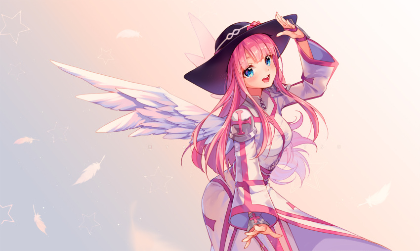 1girl angel_wings armor bangs blue_eyes commission dress hat hyanna-natsu long_hair long_sleeves looking_at_viewer open_mouth original pink_hair smile straight_hair upper_body wings