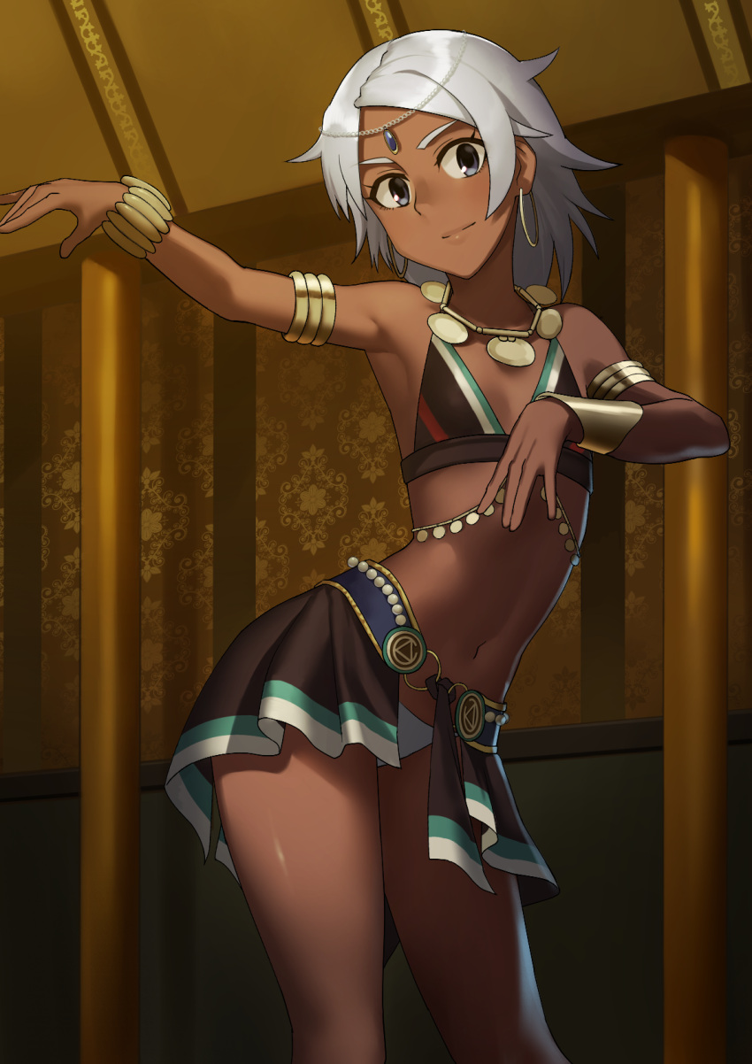 1girl arabian_clothes armlet belly_chain bikini_top bracelet circlet contrapposto dancer dancing dark_skin earrings flat_chest grey_eyes highres hoop_earrings indoors jewelry looking_at_viewer miniskirt navel necklace onao original panties short_hair showgirl_skirt skirt smile solo stomach underwear white_hair white_panties