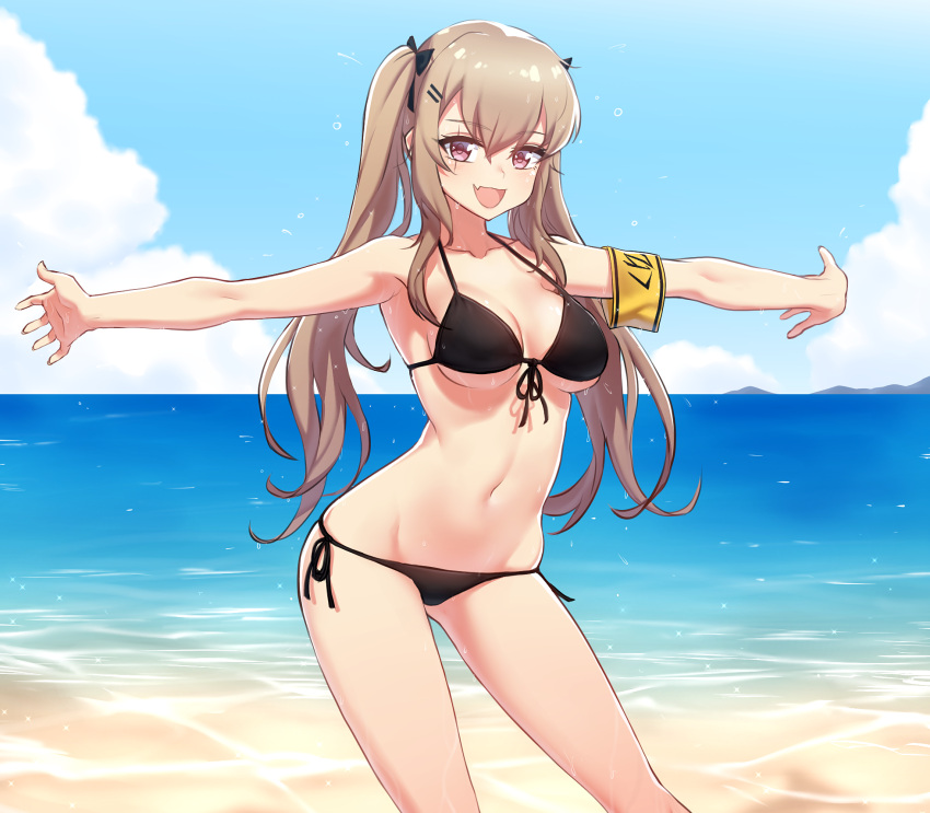 1girl :d armband beach bikini black_bikini blue_sky bow breasts brown_hair cleavage commentary_request contrapposto day girls_frontline gluteal_fold hair_bow highres horizon large_breasts long_hair looking_at_viewer narynn navel open_mouth outdoors outstretched_arms outstretched_hand scar scar_across_eye side-tie_bikini sidelocks sky smile solo standing strap_gap string_bikini swimsuit twintails ump9_(girls_frontline) violet_eyes water wet wet_hair