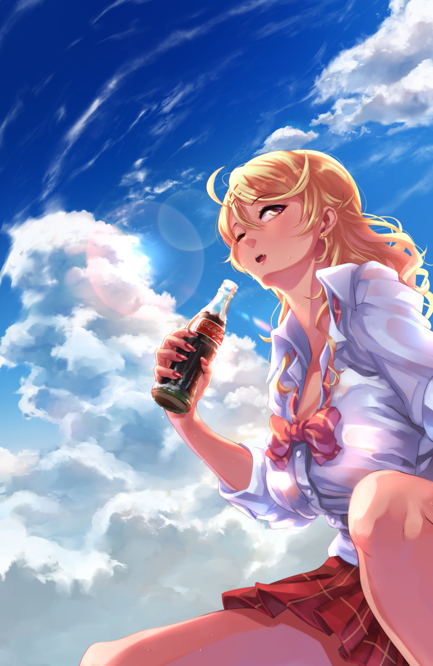 1girl amaryllis blonde_hair blush bow bowtie breasts cleavage clouds coca-cola collarbone earrings gyaru hair_ornament hairclip highres jewelry large_breasts long_hair loose_bowtie miniskirt one_eye_closed open_clothes open_mouth ouga_saki outdoors skirt sky soda_bottle solo star star_earrings tdnd-96 virtual_youtuber
