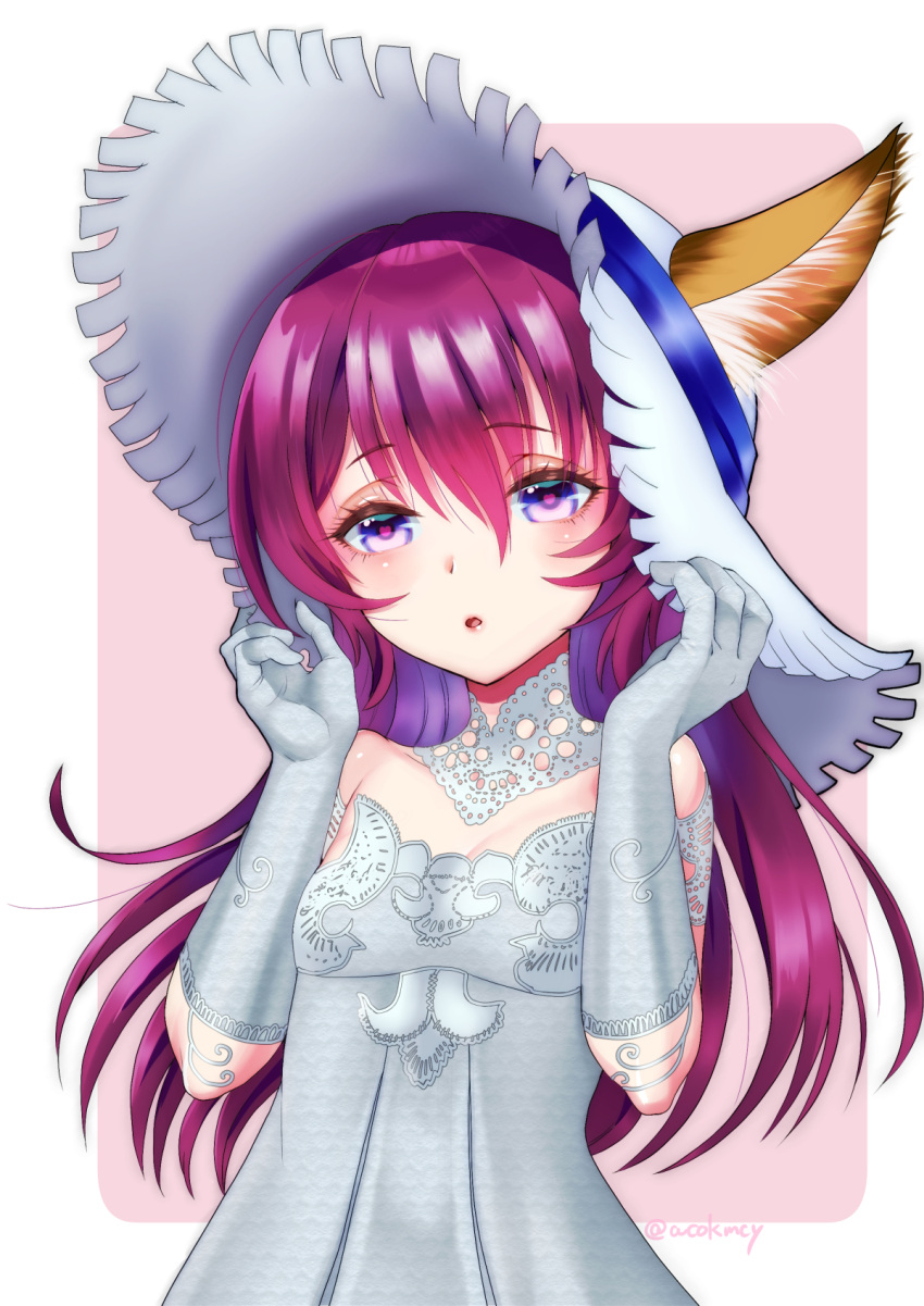 1girl animal_ears bare_shoulders commentary_request detached_collar dog_ears dress elbow_gloves elin_(tera) gloves hands_on_headwear hat highres kumehara_chiyota long_hair open_mouth purple_hair solo strapless strapless_dress sun_hat tera_online upper_body violet_eyes white_dress white_gloves