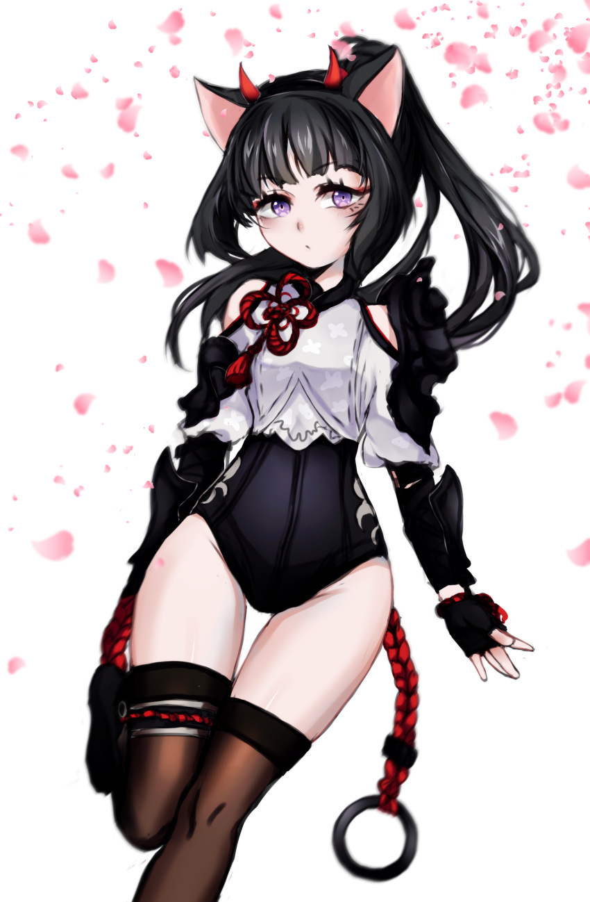 1girl absurdres animal_ears black_hair black_legwear black_leotard cat_ears cherry_blossoms citadeloli crop_top elin_(tera) fingerless_gloves gloves highres horns leg_lift leotard long_hair o-ring petals ponytail rope shirt solo standing standing_on_one_leg tera_online thigh-highs thigh_gap violet_eyes white_shirt