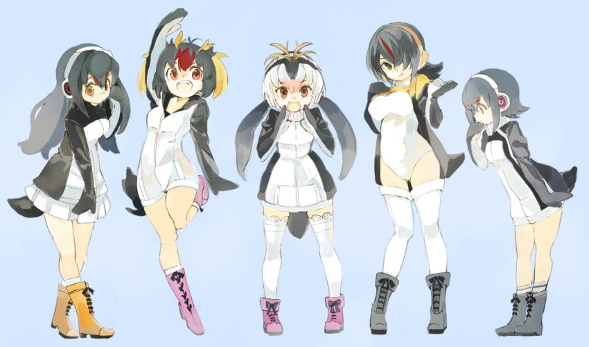 5girls black_hair blonde_hair boots commentary_request emperor_penguin_(kemono_friends) everyone gentoo_penguin_(kemono_friends) hair_over_one_eye headphones highlights hood hoodie humboldt_penguin_(kemono_friends) kemono_friends konabetate leotard long_hair long_sleeves multicolored_hair multiple_girls penguin_tail pink_hair purple_hair redhead rockhopper_penguin_(kemono_friends) royal_penguin_(kemono_friends) short_hair standing standing_on_one_leg tail thigh-highs twintails white_hair