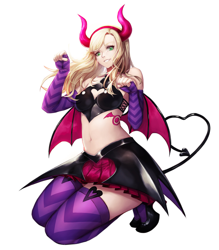 1girl bare_shoulders bat_wings blonde_hair blush breasts cleavage cosplay demon_girl gloves green_eyes head_wings highres horns kibellin large_breasts long_hair looking_at_viewer persona persona_5 pointy_ears smile solo succubus tail takamaki_anne tattoo thigh-highs twintails wings