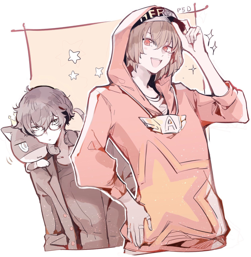 2boys akechi_gorou amamiya_ren baseball_cap black_hair brown_hair cat glasses hat highres hood hoodie kisaragi_koubana looking_at_viewer morgana_(persona_5) multiple_boys persona persona_5 persona_dancing red_eyes short_hair smile