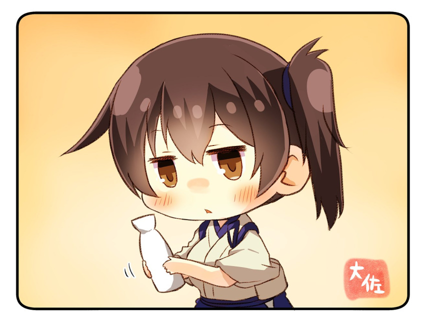 1girl artist_name blush bottle brown_eyes brown_hair chibi commentary_request eyebrows_visible_through_hair japanese_clothes kaga_(kantai_collection) kantai_collection looking_at_viewer orange_background side_ponytail simple_background solo taisa_(kari) tasuki triangle_mouth