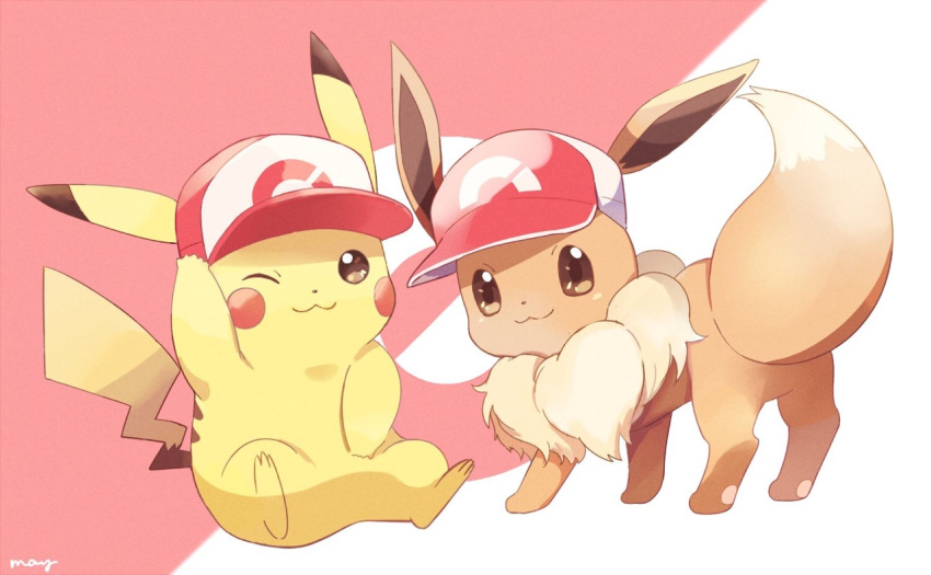 :3 ;3 arm_up artist_name baseball_cap closed_mouth commentary eevee english_commentary full_body gen_1_pokemon hand_on_headwear hat looking_at_viewer looking_to_the_side mei_(maysroom) no_humans pikachu pink_background pokemon pokemon_(creature) pokemon_(game) pokemon_lgpe red_hat signature white_background white_hat