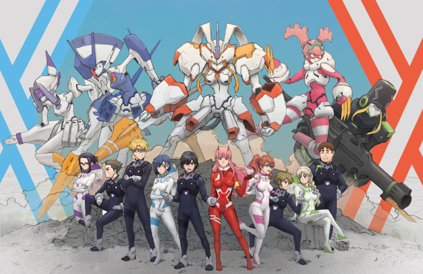 5boys 5girls ahoge argentea_(darling_in_the_franxx) bangs black_bodysuit black_hair blonde_hair blue_eyes blue_hair bodysuit braid breasts britandbran brown_hair chlorophytum closed_eyes commentary crossed_arms darling_in_the_franxx delphinium_(darling_in_the_franxx) futoshi_(darling_in_the_franxx) genista_(darling_in_the_franxx) glasses gloves gorou_(darling_in_the_franxx) green_eyes hair_ornament hairband hairclip hand_on_hip hiro_(darling_in_the_franxx) horns ichigo_(darling_in_the_franxx) ikuno_(darling_in_the_franxx) kokoro_(darling_in_the_franxx) legs_crossed light_brown_hair long_braid long_hair looking_at_another looking_at_viewer mecha medium_breasts miku_(darling_in_the_franxx) mitsuru_(darling_in_the_franxx) multiple_boys multiple_girls one_leg_raised oni_horns open_mouth pilot_suit pink_hair purple_hair red_bodysuit red_gloves red_horns redhead short_hair sitting strelizia teeth thick_eyebrows twintails white_bodysuit white_gloves white_hairband white_hairclip zero_two_(darling_in_the_franxx) zorome_(darling_in_the_franxx)