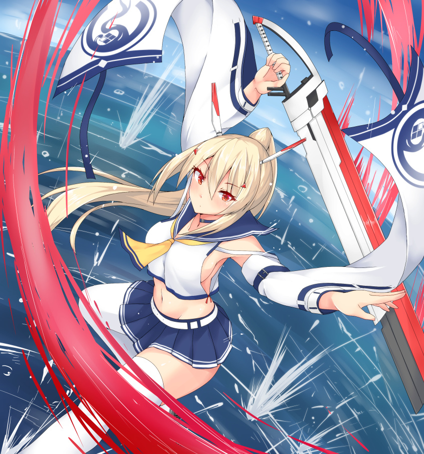 1girl absurdres ayanami_(azur_lane) azur_lane blonde_hair blue_neckwear blue_sailor_collar blue_skirt choker cropped_legs expressionless hakuhou_(ende_der_welt) highres holding holding_sword holding_weapon long_hair looking_at_viewer midriff navel necktie ponytail red_eyes sailor_collar shirt skirt solo sword thigh-highs water weapon white_legwear white_shirt yellow_neckwear zettai_ryouiki