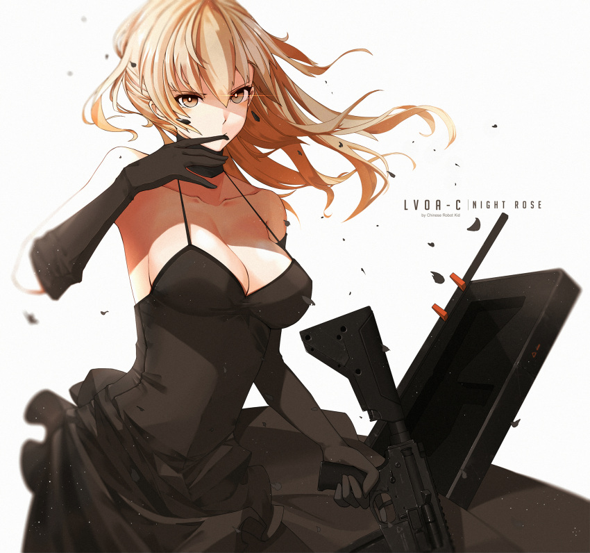 1girl artist_name bangs bare_shoulders biting black_dress black_gloves blonde_hair breasts brown_eyes character_name chinese_robot_kid cleavage collarbone dress elbow_gloves floating_hair girls_frontline glove_biting gloves gun halterneck head_tilt highres holding holding_weapon large_breasts light_particles looking_at_viewer lvoa-c original rifle shaded_face sidelocks simple solo trigger_discipline upper_body weapon weapon_case white_background wind wind_lift