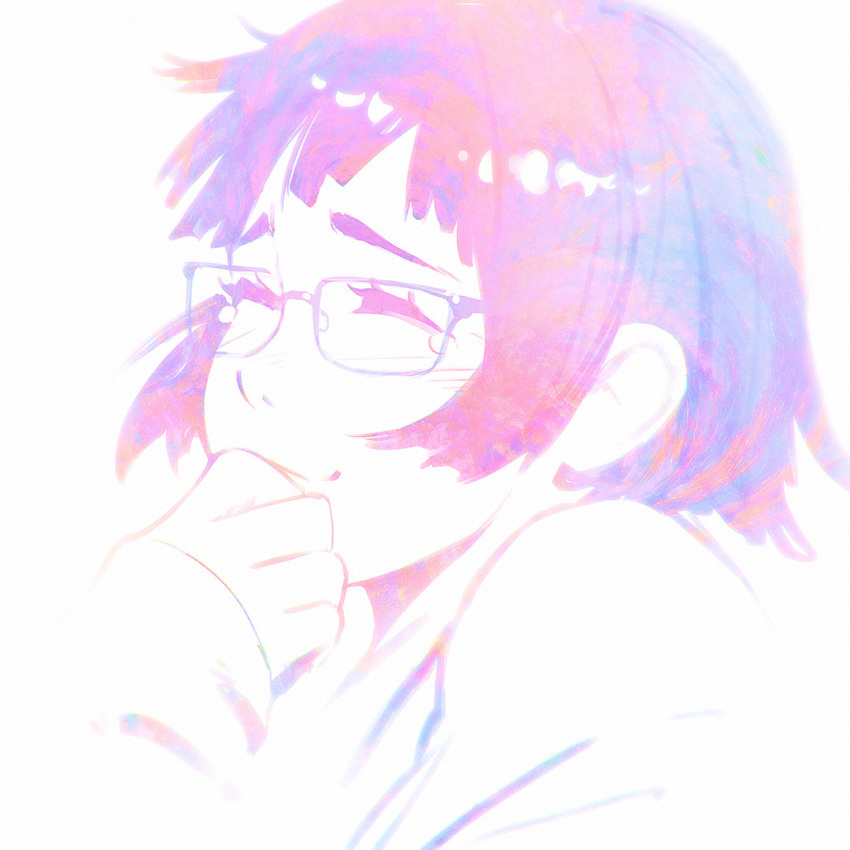 &gt;_&lt; 1girl :3 close-up closed_eyes closed_mouth commentary face glasses ilya_kuvshinov original short_hair smile solo tears x3