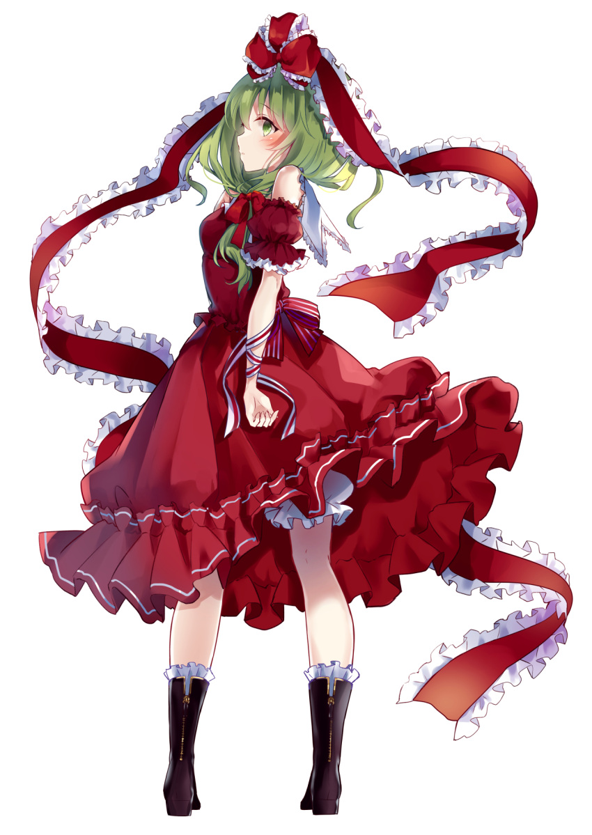 1girl arm_strap bangs black_footwear blush boots dress frilled frilled_boots frilled_ribbon frills from_behind front_ponytail full_body green_eyes green_hair hair_between_eyes hair_ribbon highres kagiyama_hina kisaragi_yuri long_hair red_dress red_ribbon ribbon simple_background sleeveless sleeveless_dress solo standing thigh_strap touhou white_background