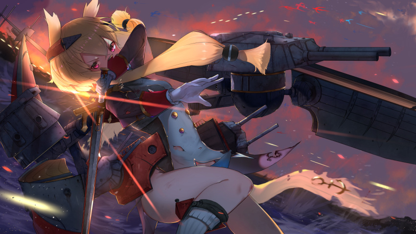 1girl action azur_lane bangs black_hairband blonde_hair blue_eyes blush bow cannon clouds covered_mouth crown damaged detached_sleeves dress dust_particles evening explosion eyebrows_visible_through_hair gloves hair_between_eyes hair_bow hairband headgear highres holding holding_sword holding_weapon injury isaka_wasabi light_particles long_hair looking_at_viewer machinery mini_crown ocean rigging sidelocks sunset sword thigh-highs thighs torn_clothes turrets very_long_hair warspite_(azur_lane) waves weapon white_gloves white_legwear