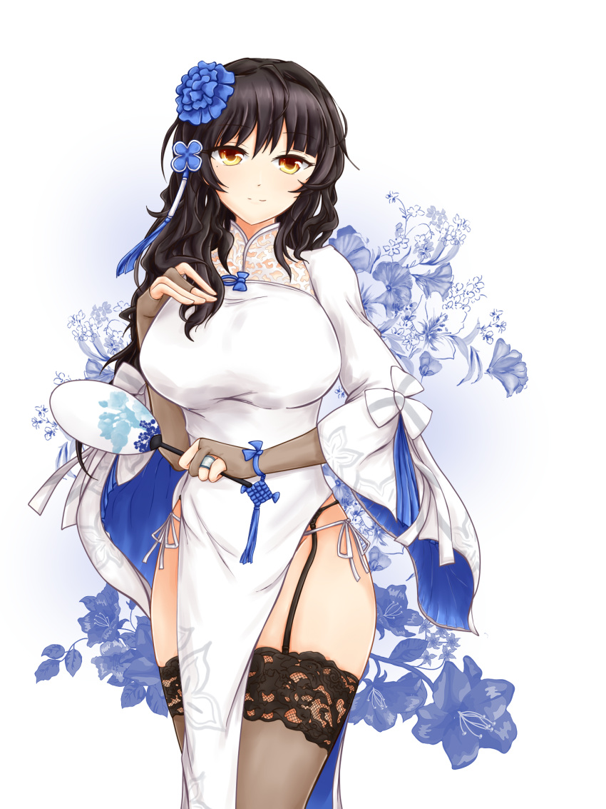 1girl alternate_costume bangs black_hair blue_ribbon blush breasts bridal_gauntlets brown_gloves brown_legwear china_dress chinese_clothes closed_mouth covered_mouth dress eyebrows_visible_through_hair fan flower garter_straps girls_frontline gloves groin hair_between_eyes hair_flower hair_ornament hairband head_tilt highres holding holding_fan lace lace-trimmed_thighhighs large_breasts leaning_forward leg_ribbon liulang_no_a_qiang long_hair looking_at_viewer messy_hair mole mole_under_eye panties paper_fan pelvic_curtain pumps qbz-95_(girls_frontline) ribbon side-tie_panties sidelocks smile solo standing thigh-highs thighs uchiwa underwear very_long_hair white_footwear white_panties white_ribbon wide_sleeves wrist_ribbon yellow_eyes