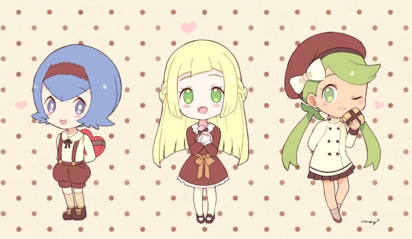 3girls :d :p alternate_costume arm_behind_back arms_behind_back artist_name baggy_pants bangs beret blonde_hair blue_eyes blue_hair blush bow box braid brown_dress brown_footwear brown_hairband brown_hat brown_legwear brown_shorts brown_skirt chibi commentary dark_skin dress english_commentary eyebrows_visible_through_hair french_braid full_body gift gift_box green_eyes green_hair hair_bow hat heart heart-shaped_box holding holding_gift kneehighs lillie_(pokemon) long_hair long_sleeves looking_at_viewer low_twintails mallow_(pokemon) mary_janes mei_(maysroom) multiple_girls object_hug one_eye_closed open_mouth pants pink_background pleated_skirt pokemon pokemon_(game) pokemon_sm polka_dot polka_dot_background shoes short_dress short_hair shorts sidelocks signature skirt smile standing straight_hair suiren_(pokemon) suspender_shorts suspenders swept_bangs tongue tongue_out twintails valentine white_bow