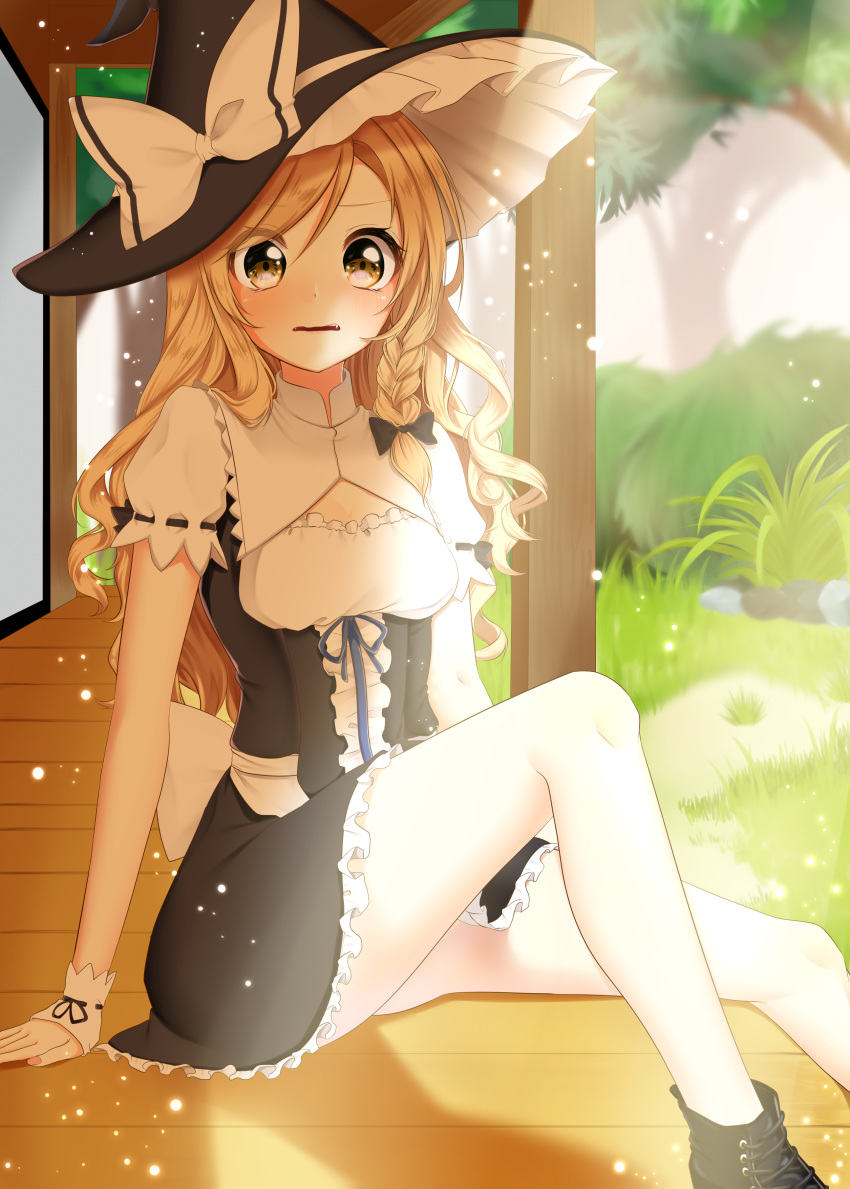 1girl absurdres arm_support black_bow black_footwear blonde_hair blue_ribbon boots bow braid cleavage_cutout fangs grass hair_bow hat hat_bow highres kirisame_marisa long_hair looking_at_viewer ribbon ribbon-trimmed_sleeves ribbon_trim shiki_(s1k1xxx) short_sleeves single_braid sitting solo touhou tree white_bow witch_hat wrist_cuffs yellow_eyes