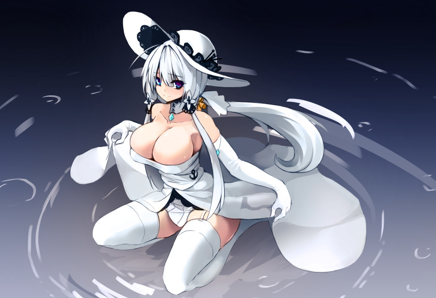 1girl absurdres azur_lane bare_shoulders blue_eyes breasts cleavage closed_eyes detached_collar dress elbow_gloves full_body garter_straps gloves hair_between_eyes hair_ornament hat highres illustrious_(azur_lane) long_hair looking_at_viewer low_ponytail short_dress sidelocks sitting smile solo strapless strapless_dress sub-res thigh-highs very_long_hair white_dress white_gloves white_hair white_legwear