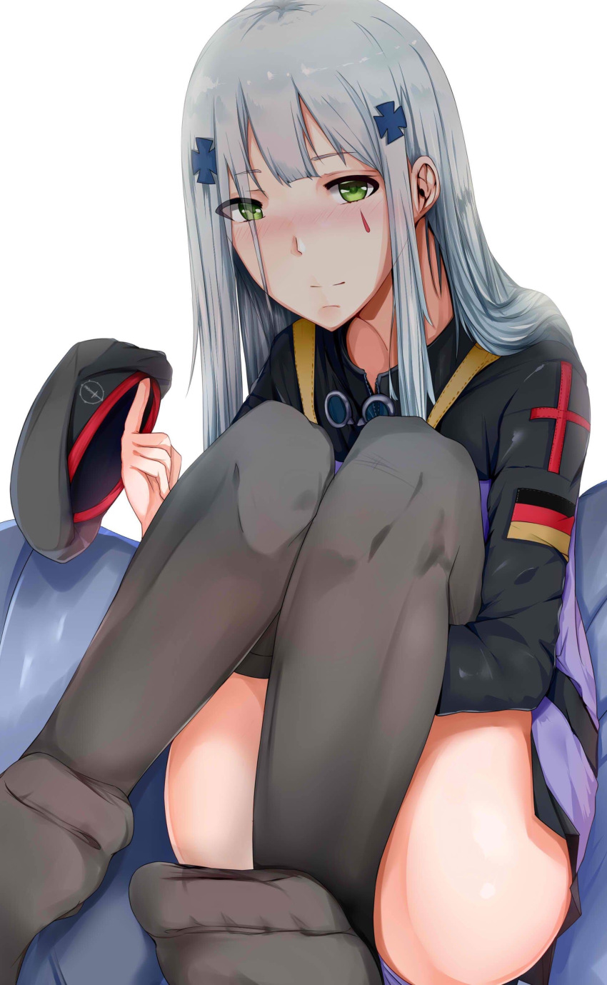 1girl absurdres anotai arm_between_legs ass beret black_legwear blush convenient_leg facepaint german_flag girls_frontline green_eyes hat hat_removed headwear_removed highres hk416_(girls_frontline) iron_cross knees_up long_sleeves looking_at_viewer military_jacket no_pants silver_hair sitting smile solo thigh-highs thighs